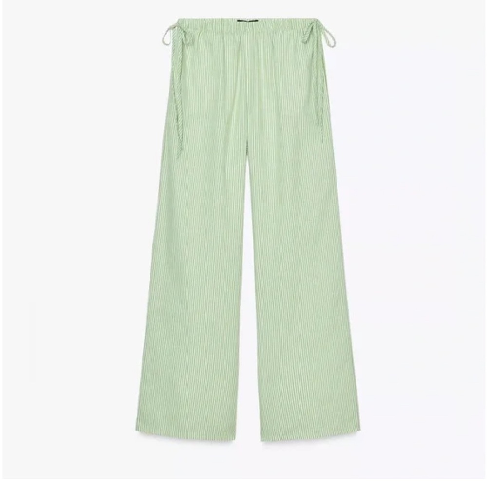 Zara Green and White Wide Leg Pants 100% Cotton size large